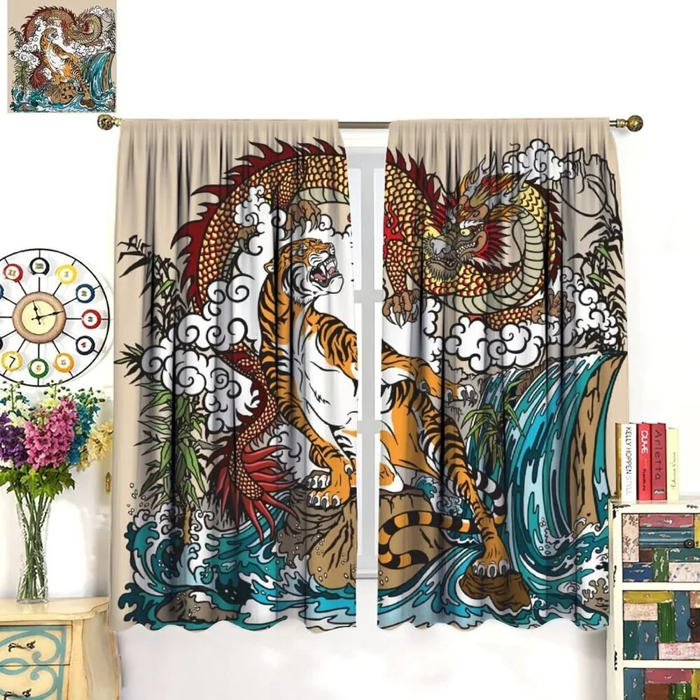 Chinese Dragon & Tiger in The Waterfall Landscape Window Curtain